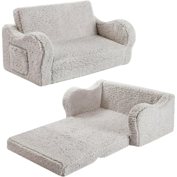 Kids Extra Wide Chairs for Toddler, 2-in-1 Toddler Soft Sherpa Couch Fold Out, Convertible Sofa to Lounger for Girls and Boys, Grey