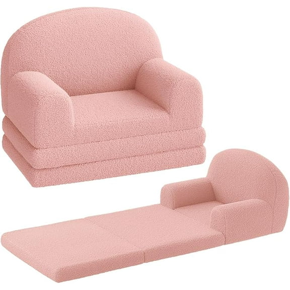 Kids Extra Wide Chairs for Toddler, 2-in-1 Toddler Soft Sherpa Couch Fold Out, Convertible Sofa to Lounger for Girls and Boys, Pink