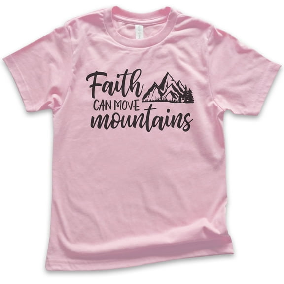 Kids Faith Can Move Mountains Shirt, Youth Kids Boy Girl T-Shirt, Religious Christian Motivational Spiritual Tee, Light Pink, Large