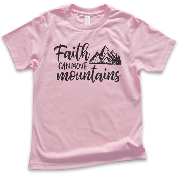 Kids Faith Can Move Mountains Shirt, Youth Kids Boy Girl T-Shirt, Religious Christian Motivational Spiritual Tee, Light Pink, Small