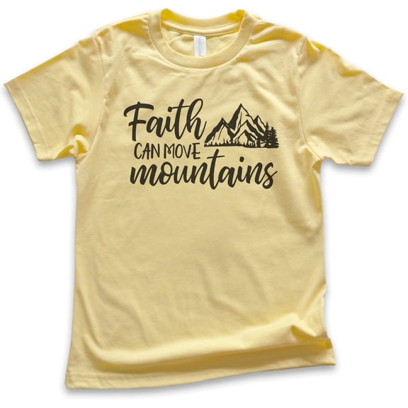 Kids Faith Can Move Mountains Shirt, Youth Kids Boy Girl T-Shirt, Religious Christian Motivational Spiritual Tee, Yellow, Small