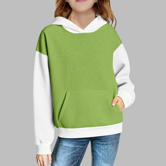 Kids Fall Blouses New Cute Hoodies for Girls Oversized Long Sleeve Raglan Hooded Sweatshirt Color Block Teen Girls Pullover Tops Green 9 Years