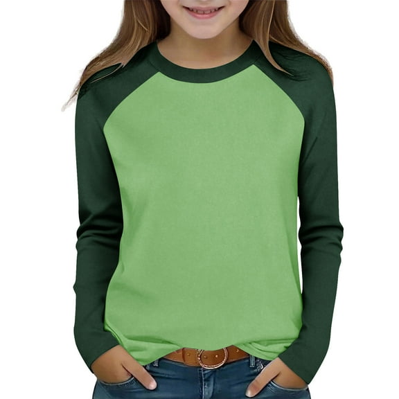 Kids Fall Clothes Boys Girls Long Sleeve Raglan Shirts Colorblock Tops Crew Neck Base Tee Casual Tshirts 2-15 Years (14 Years, Green)