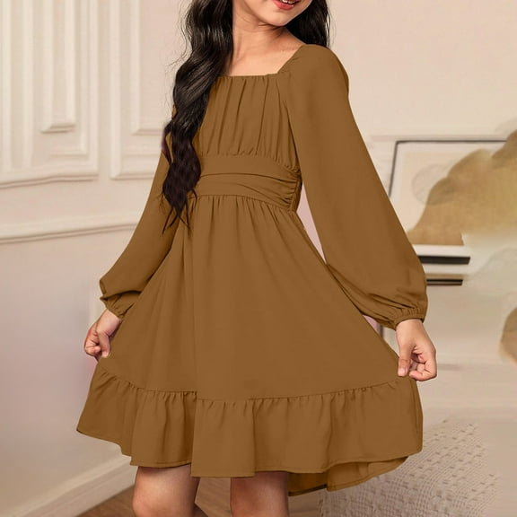 Kids Fall Dress Brown Long Sleeve Girls Fall Dresses Girls Formal Dresses Girls Christmas Outfit 8-9 Years