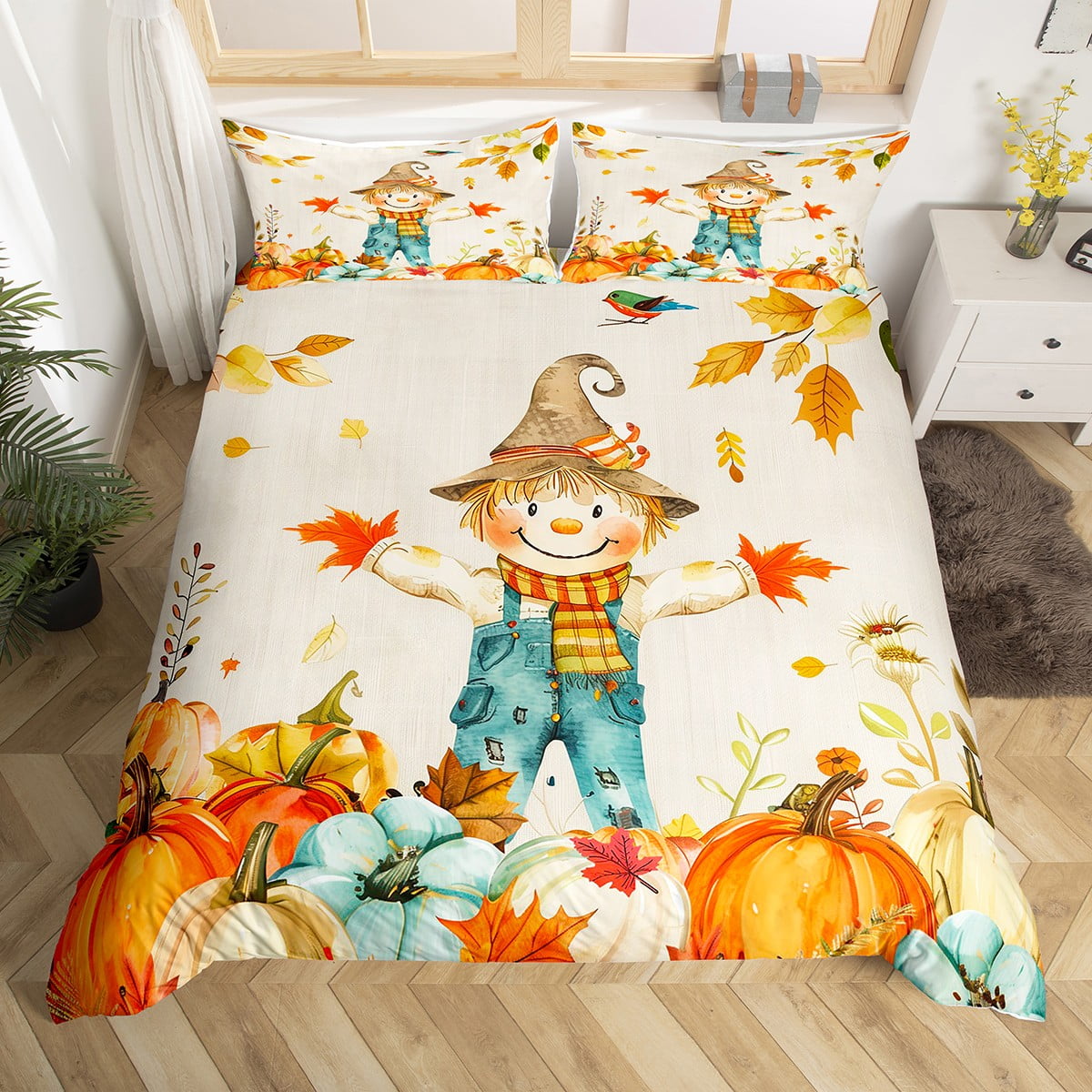 Kids Fall Scarecrow Comforter Cover Pumpkin Harvest Bedding Set Full