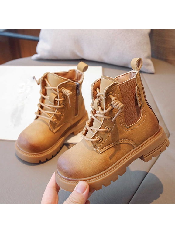 Kids Fall Winter Combat Boots Lace Up Side Zipper Ankle Boots Boys Girls Casual Comfy Outdoor Hiking Lug Sole Booties Brown 11.5 Little Kids