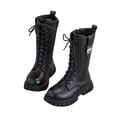 thumbnail image 1 of Kids Fall Winter Knee High Combat Boots Lace up Buckle Side Zipper Pu Faux Leather Thick Non Slip Long Shaft Boots for Girls Little & Big Kids Black, 1 of 8