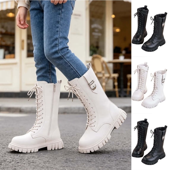 Kids Fall Winter Knee High Combat Boots Lace up Buckle Side Zipper Pu Faux Leather Thick Non Slip Long Shaft Boots for Girls Little & Big Kids White