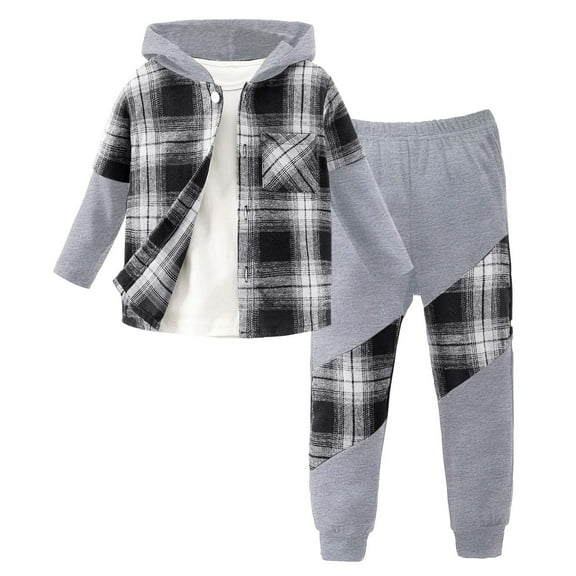 Kids Fall Winter Loose Flannel Long Sleeve Button Down Shirt and Checkered Jogger Pants Boys 2 Piece Tracksuits