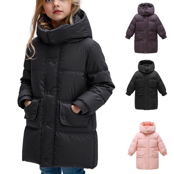 Kids Fall Winter Solid Mid Length Hooded Thick Warm Sports Jacket, Unisex Boys Girls Daily Outer Coat,Black