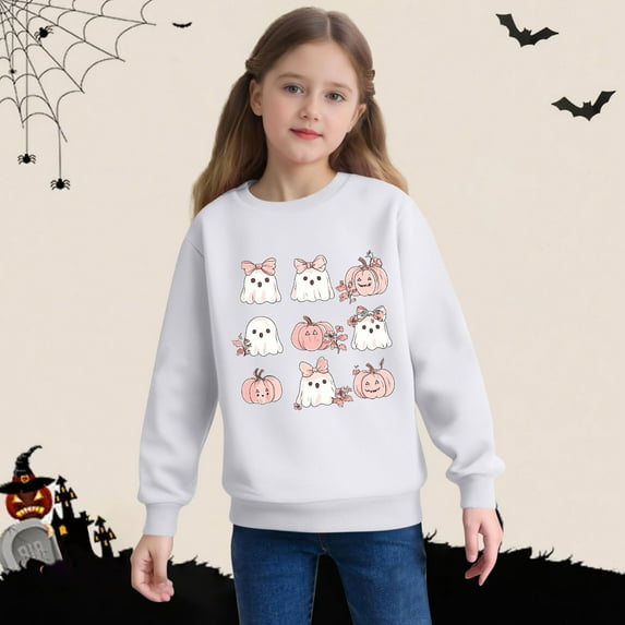Kids Fashion Long Sleeve Blouse New Children Halloween Sweatshirts Girls Oversized Long Sleeve Pullover Tops Cute Ghost Graphic Crewneck Shirts White 2 Y