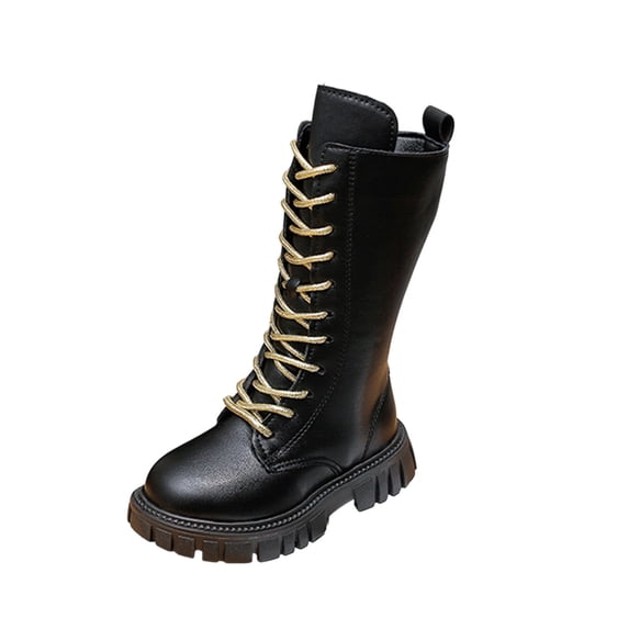 Kids Fashion Mid Calf Combat Boots Lace Up Side Zipper Non Slip Boots for Winter Everyday Wear