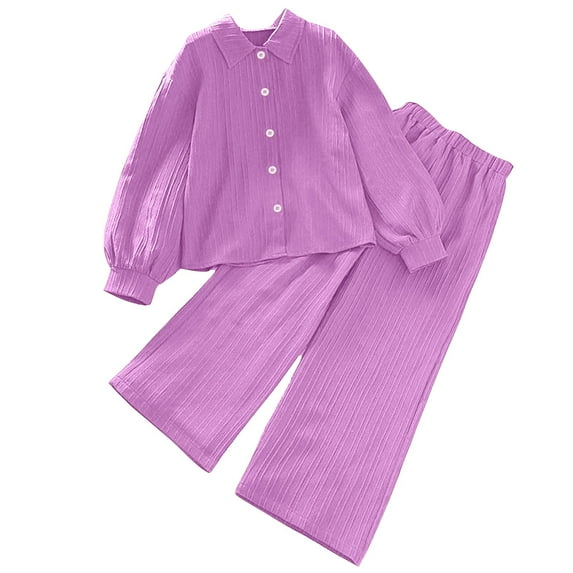 Kids Fashionable Long Sleeve Solid Color Shirt and Extended Pants Set, Stylish Lightweight Two-Piece Outfit for Spring Casual Wear Purple 9 Years