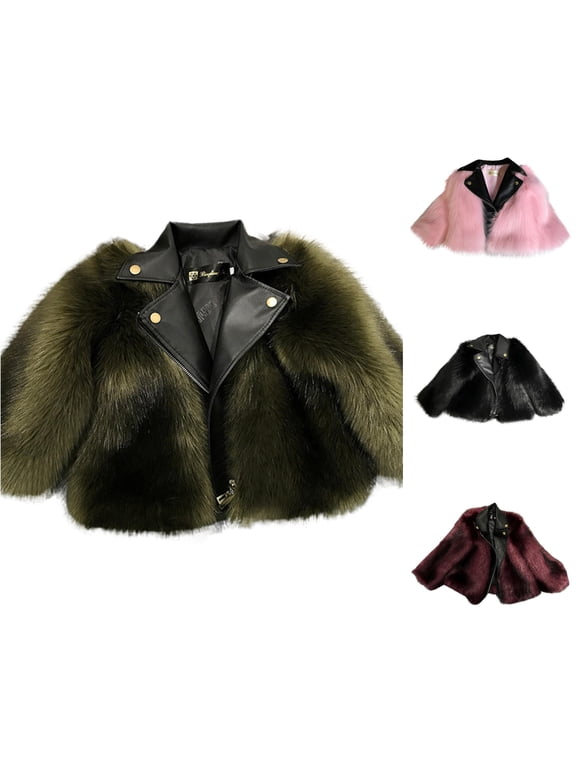 Kids Leather Jacket with Collar, Lined Moto Coat, Warm Padded Winter Jacket for Boys Girls, Trendy Toddler Coat