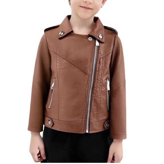 Kids Faux Leather Jackets Stand Collar Front Zipper Biker Outwear Casual Stylish Cardigan With Zip Pockets (13 Years, Brown)
