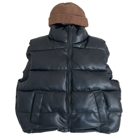 Kids Faux Leather Puffer Quilted Waterproof Zip up Stand Collar Sleeveless Winter Jackets Thicken Padded Warm Gilet Coats Black 2-3Y