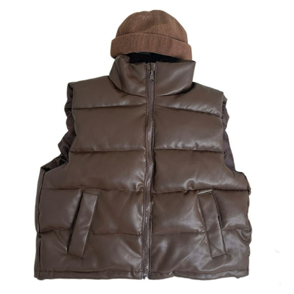 Kids Faux Leather Puffer Quilted Waterproof Zip up Stand Collar Sleeveless Winter Jackets Thicken Padded Warm Gilet Coats Brown 5-6Y
