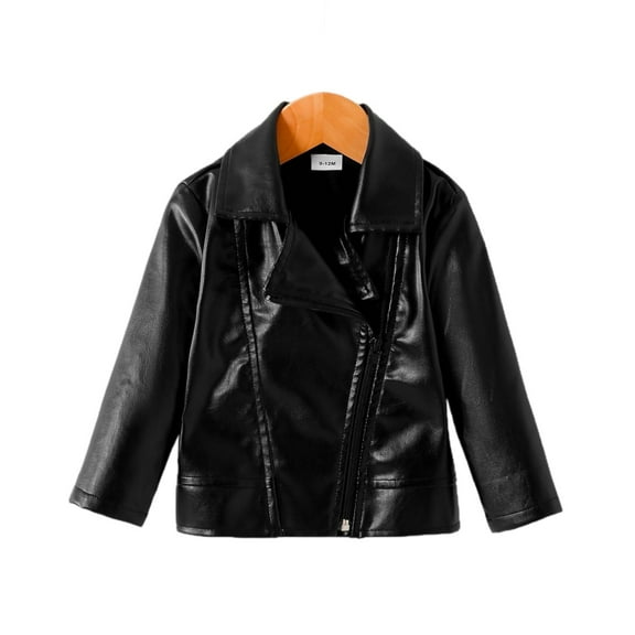 Kids Faux Leather Zipper Jacket Long Sleeve Lapel Collar Lightweight Outerwear for Boys Girls Casual Wear