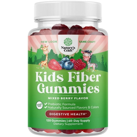 Natures Craft Prebiotic Fiber Gummies for Kids Digestive Health, Mixed Berry, 120 Count