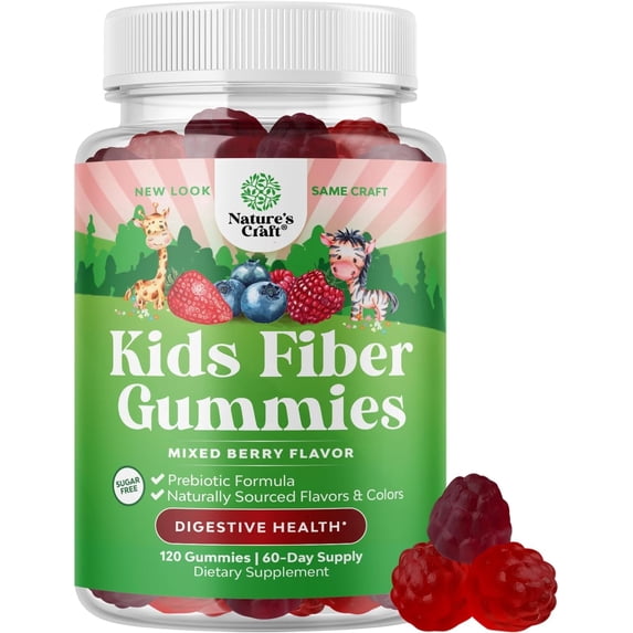 Natures Craft Kids Prebiotic Chicory Root Fiber Gummies, Digestive Health & Immune Support, Mixed Berry, 120 Count
