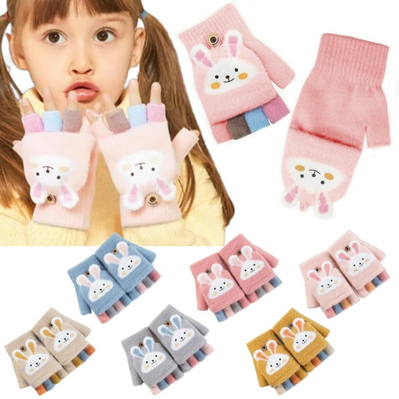 Kids Fingerless Gloves, Winter Warm Convertible Flip Top Gloves, Soft Knit Lining and Cute Cartoon for Kids Boy Girls 3-10 Yrs