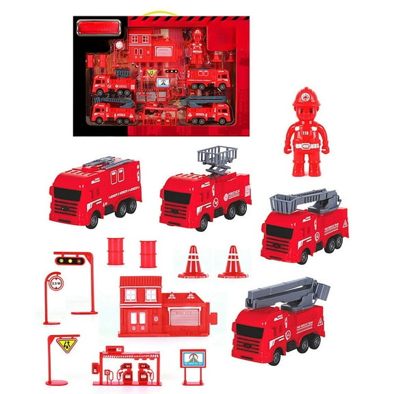 Kids Fire Toys, Fire Truck Toys Set w/Crane, Excavator, Forklift,Bulldozer,Dump Trucks,Cement Truck,Road Roller, Alloy Fire Vehicle Toys for 3 4 5 6 7 Years Old Boys Gifts