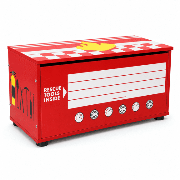 Kids Fire Truck Storage Chest with Manual Flip-Top Lid, Gas Strut Support, Soft-Close Toy Box, Red