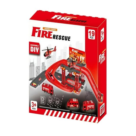 A Kids Fire Truck Track Toy Set With Multi-Level Parking Garage Building Blocks Construction Play Set Educational Stem Toy For Boys Pretend Play Vehicle Version A Size 11.8X15.7X2 Inches