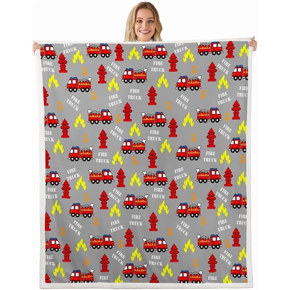 Kids Firefighter Car Fleece Throw Blanket for Bed Couch Sofa Firemen Engine Vehicle Sherpa Blanket Fire Truck Pattern Plush Blanket Boys Girls Room Decor Soft Lightweight Fuzzy Blanket 40"x50"