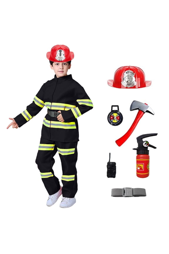 Kids Firefighter Costume Set Boys Fireman Dress Up Outfit with Accessories for Toddler to Big Kids 1-16 Years Halloween Christmas Cosplay