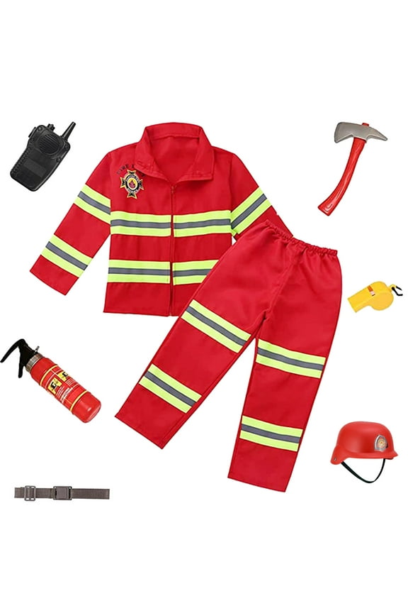 Kids Fireman Costume Dress-Up Set Pretend Role Play Firefighter Realistic Outfit Kit Gift Toys for Boys 3-6 Years Toddler Birthday Christmas Present, 8Pcs Red