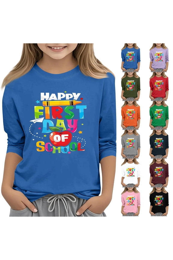 Kids First Day of School Three Quarter Sleeve Tee, 200G Stretch Polyester Cotton-Like Crew Neck Back to School Swing T-Shirt with Colorful Apple Pencil Print(Green120)