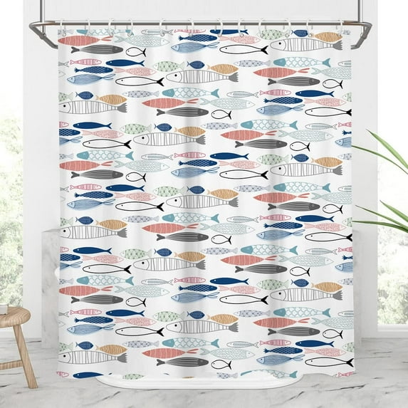 Kids Fish Shower Curtain Funny Colorful Boys Girls Ocean Beach Nautical Coastal Fun Cute Toddler Sea Animal Beachy Navy Blue White Home Bathroom Decor Bathtub Set with 12 Hooks, 84x72, Cartoon