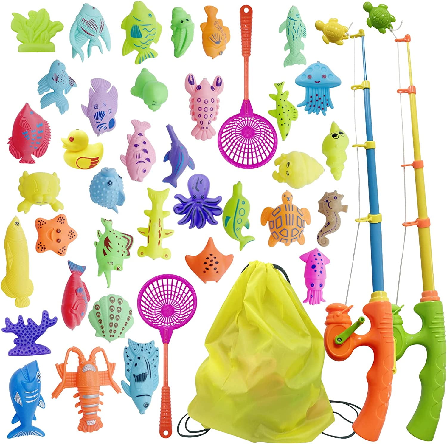 Kids Fishing Bath Toys Game - Magnetic Floating Toy Magnet Pole Rod Net,  Plastic Floating Fish - Toddler Education Teaching and Learning Colors  Ocean Sea Animals 3 4 5 6 Year Old 