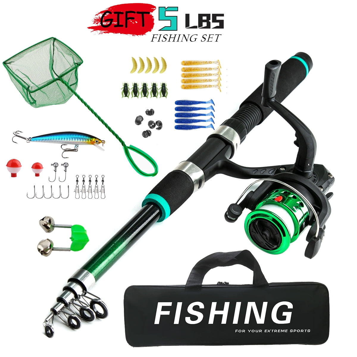 Kids Fishing Pole Set with Full Starter Kits Portable Telescopic Fishing Rod and Spincast Reel Cambos with a Fishing Net for Boys Girls and Youth - Green
