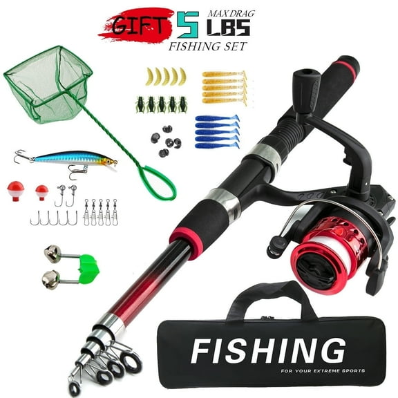 Kids Fishing Pole Set Portable Telescopic Fishing Rod and Spincast Reel Cambos with a Fishing Net for Boys Girls and Youth- Red