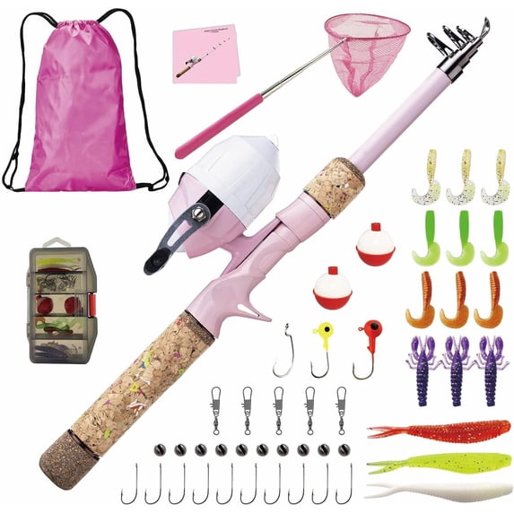 Kids Fishing Pole Set, Kids Fishing Rod and Reel Combo and Fishing Net Tackle Box with Fishing Lures Hooks and Bag for Girls Age Beginner Little Children Junior Anglers