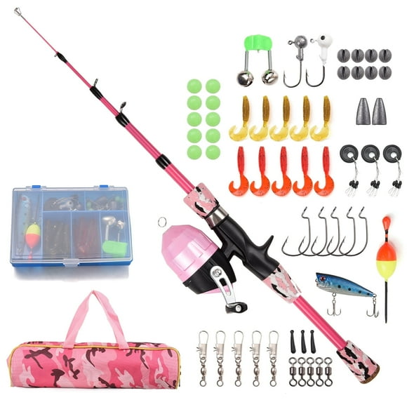 Kids Fishing Rod and Reel Combo Full Kit 1.2m/1.5m Telescopic Casting Rod Pole with Spincast Reel and Hooks Lures Swivels Carry Bag