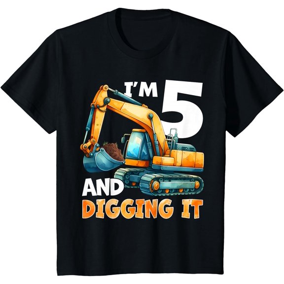Kids Five 5th Birthday Boy Construction Crain I'm 5 & Digging It T-Shirt
