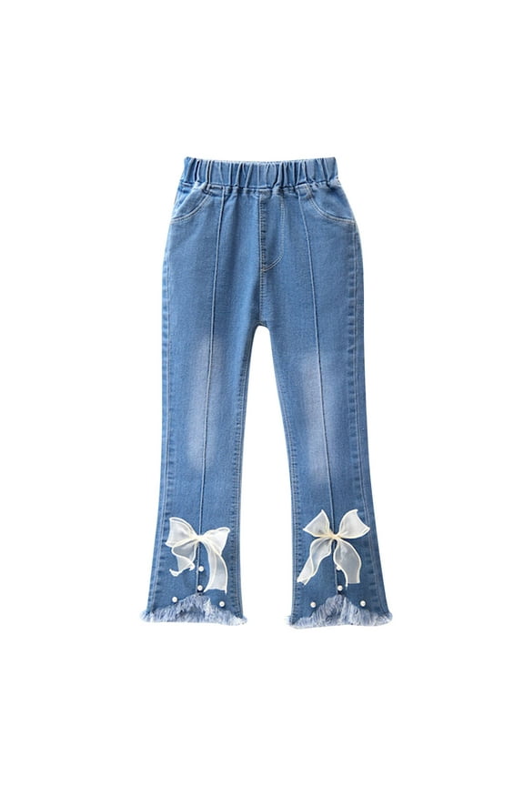 Kids Flare Jeans Bow-Knot Bell Bottom Wide Leg Denim Pants Elastic Waist Long Pants with Pockets
