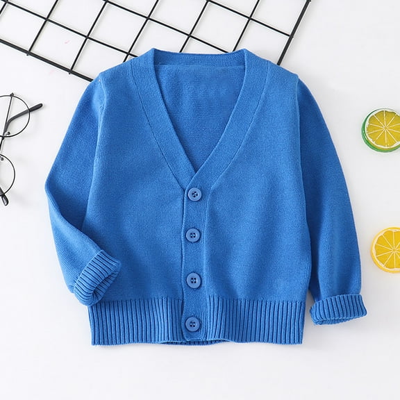Kids' Fleece Knitted Cardigan , Long Sleeve V,Neck Sweater For Boys/Girls ,Solid Color, Warmth, Blue 2-3 Years
