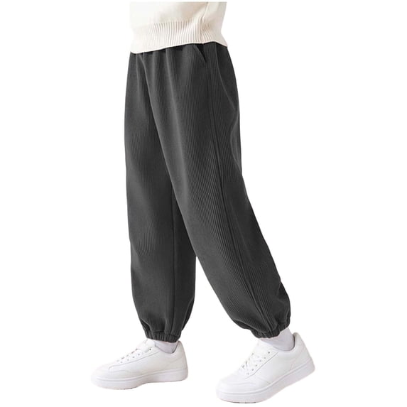 Kids Fleece Lined Jogger Pants 1-12Y, Solid Color Elastic Waist Corduroy Trousers, Boys Girls Warm Winter Casual Jogging Long Pants Gray 1-2 Years