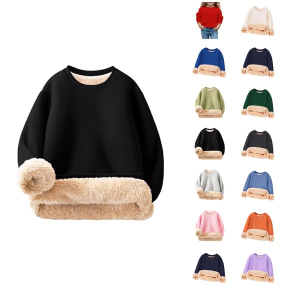 Kids Lined Sweatshirts Winter Warm Long Sleeve Crewneck Plain Sweatshirt for Boys Girls Kids Pullover Tops