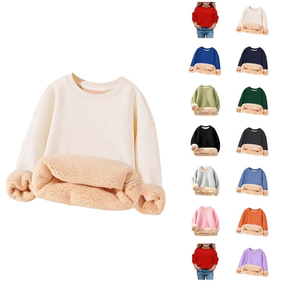 Kids Lined Sweatshirts Winter Warm Long Sleeve Crewneck Plain Sweatshirt for Boys Girls Kids Pullover Tops