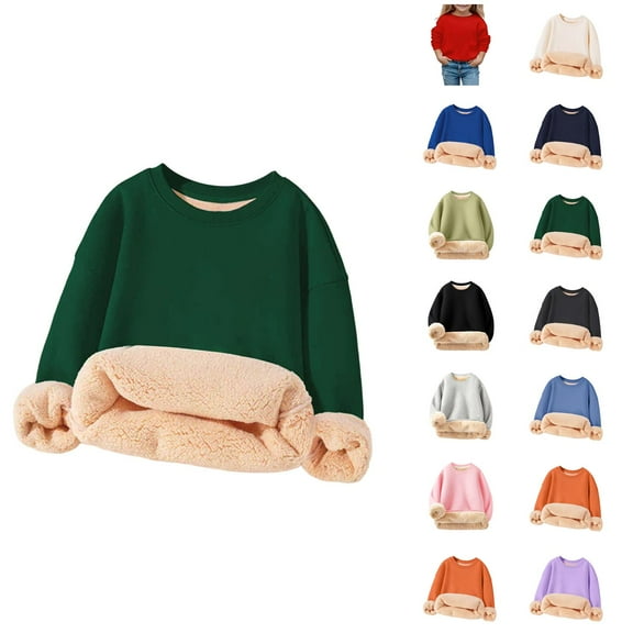Kids Lined Sweatshirts Winter Warm Long Sleeve Crewneck Plain Sweatshirt for Boys Girls Kids Pullover Tops