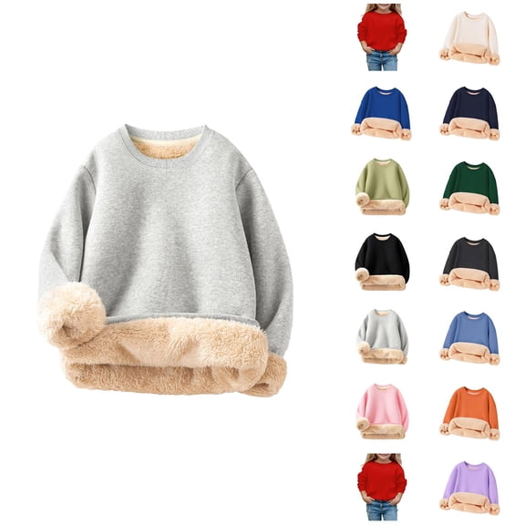 Kids Lined Sweatshirts Winter Warm Long Sleeve Crewneck Plain Sweatshirt for Boys Girls Kids Pullover Tops