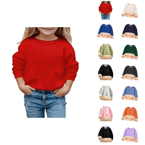 Kids Lined Sweatshirts Winter Warm Long Sleeve Crewneck Plain Sweatshirt for Boys Girls Kids Pullover Tops