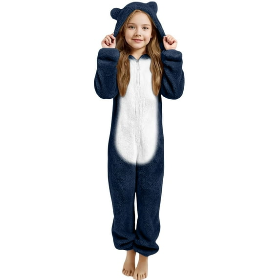 Kids Fleece Onesie Hooded Jumpsuit Romper Little bear's ears Costume Kids Animal Onesie Pajamas Long Sleeves 9-10 Years Pajamas Girls