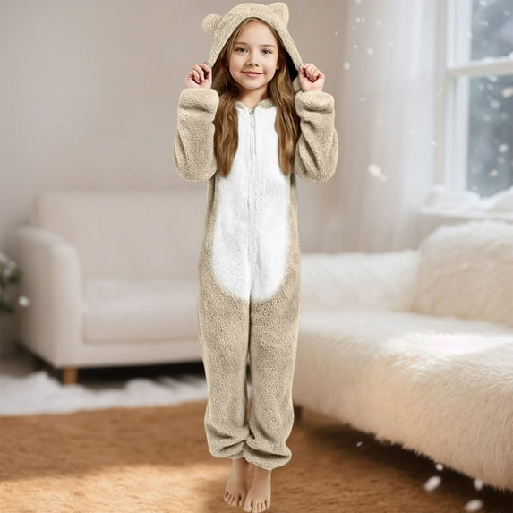 Kids Fleece Onesie One Piece Pajamas Little bear's ears Onesie Kids Animal Onesie Pajamas Long Sleeves Onesie For Girls 4-5 Years