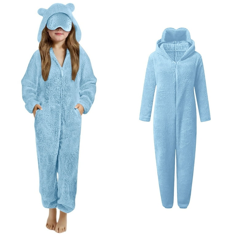 Kids Fleece Onesie Pajamas Cute Ear Hooded Blue Onesie Warm Zipper